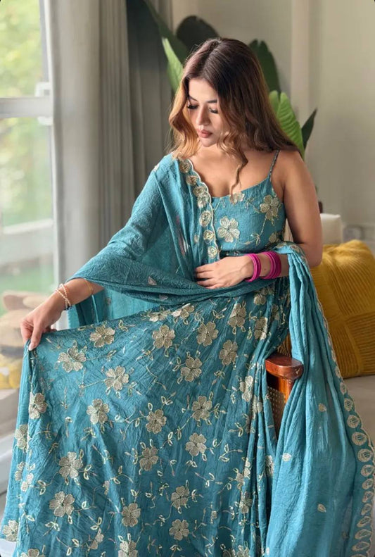 Teal Blue Crunchy Tissue Anarkali With Gold Zari Floral Embroidery