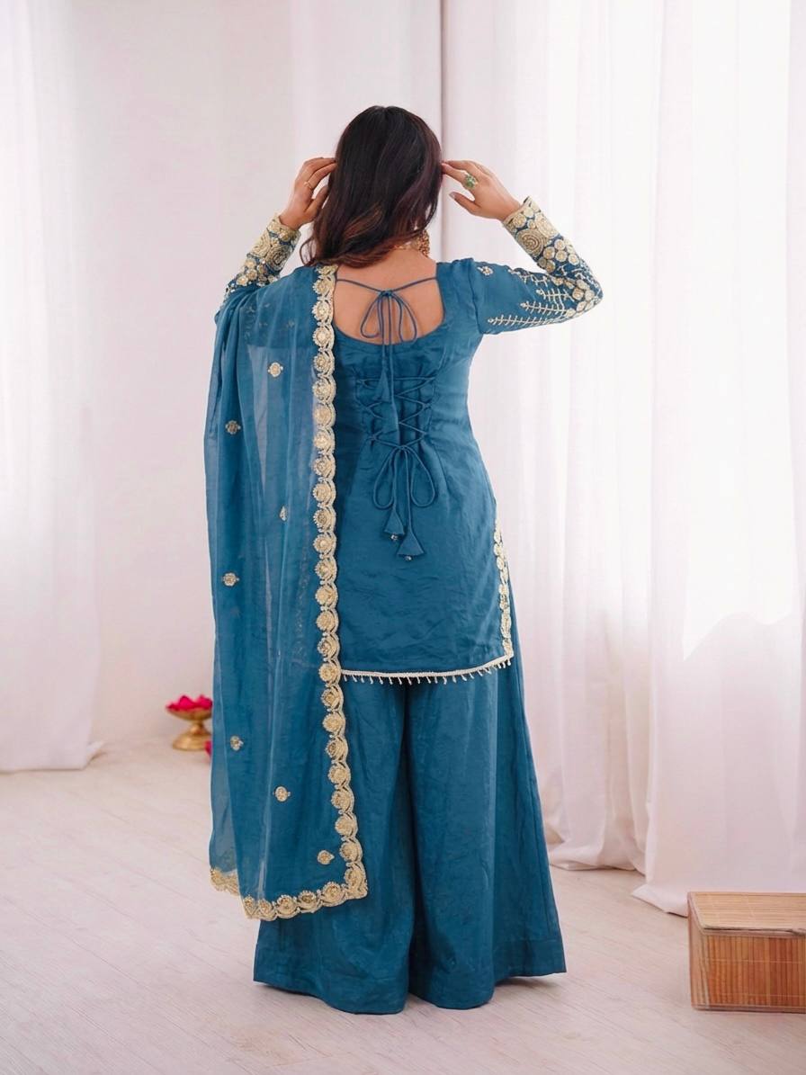 Teal Green Zari Embroidered Sharara Suit Set With Fendy Silk Dupatta