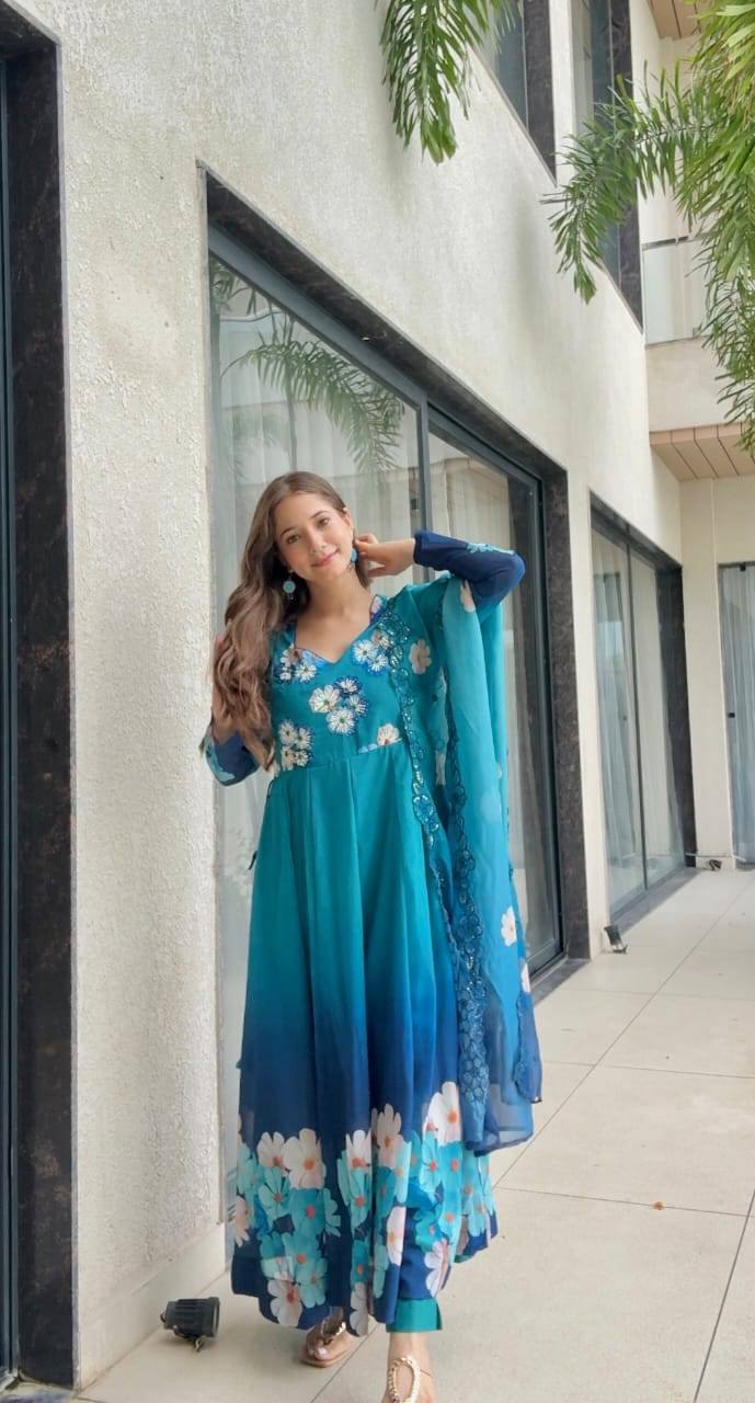 Teal Blue Floral Anarkali Suit With Organza Dupatta And Pant