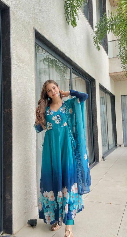 Teal Blue Floral Anarkali Suit With Organza Dupatta And Pant