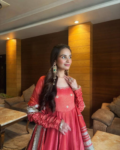 Red Silk Anarkali Suit With Gold Embroidery And Matching Dupatta