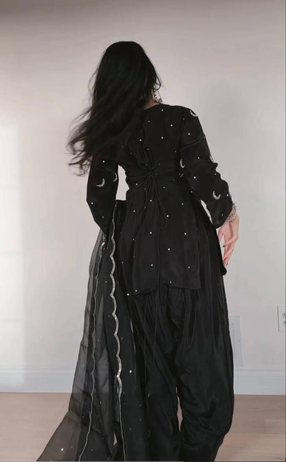 Black Farshi Suit Set With Moon Embroidery And Dupatta