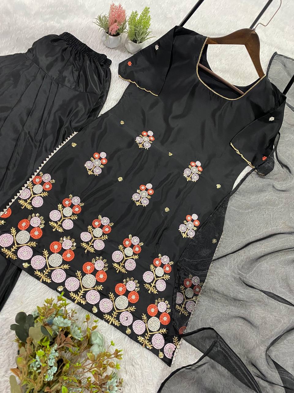 Black Embroidered Salwaar Suit With Floral Work And Net Dupatta