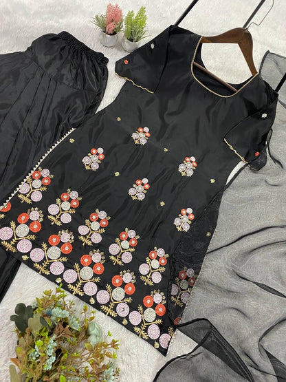 Black Embroidered Salwaar Suit With Floral Work And Net Dupatta