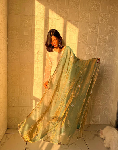 Embroidered Sharara Set with Contrast Sequin Olive Green Dupatta