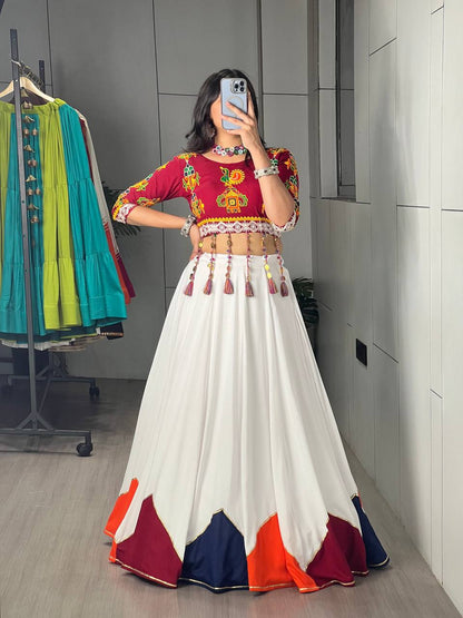 6 Meter Flair White Lehenga Choli With Embroidered Kediya And Multicolor Border