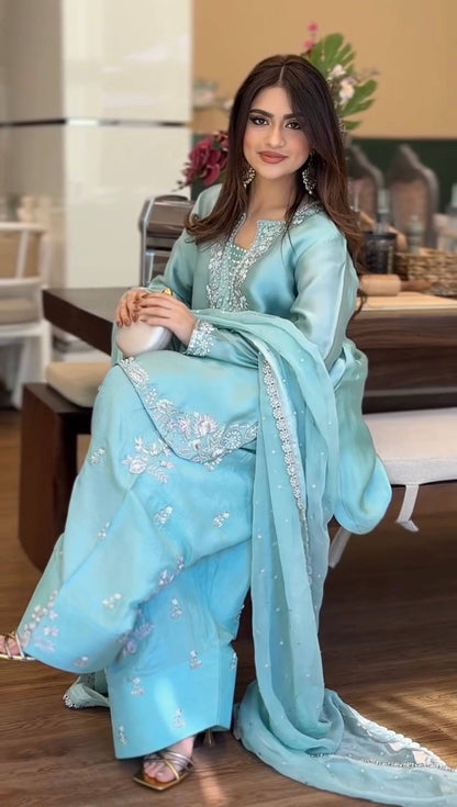 Light Blue Embroidered Moti Work Suit With Dupatta