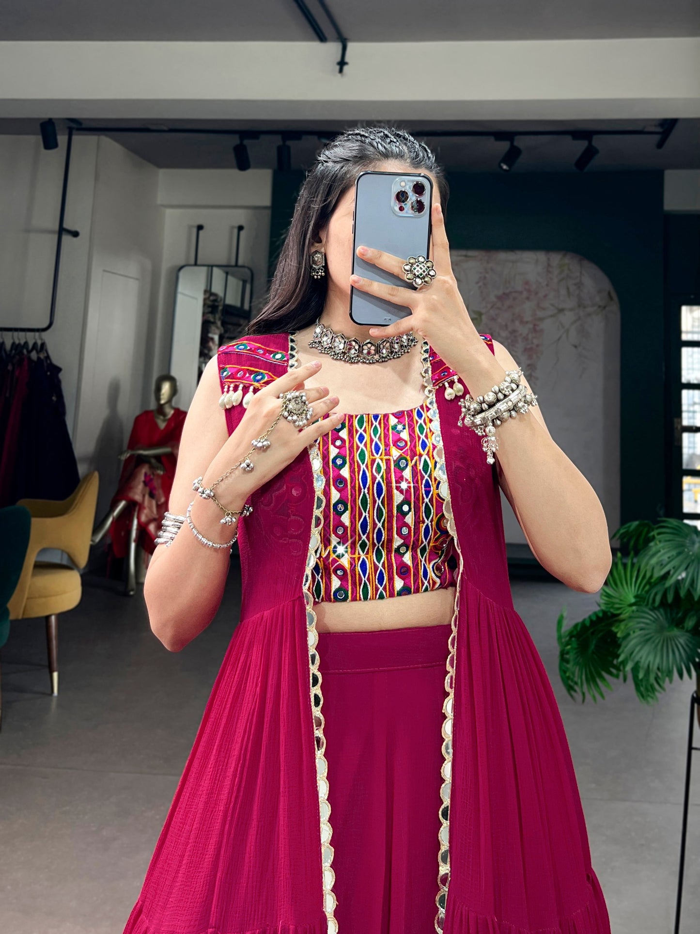 Magenta Pink Layered Lehenga Choli With Mirror Work Blouse And Gota Border Jacket Dupatta