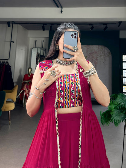 Magenta Pink Layered Lehenga Choli With Mirror Work Blouse And Gota Border Jacket Dupatta