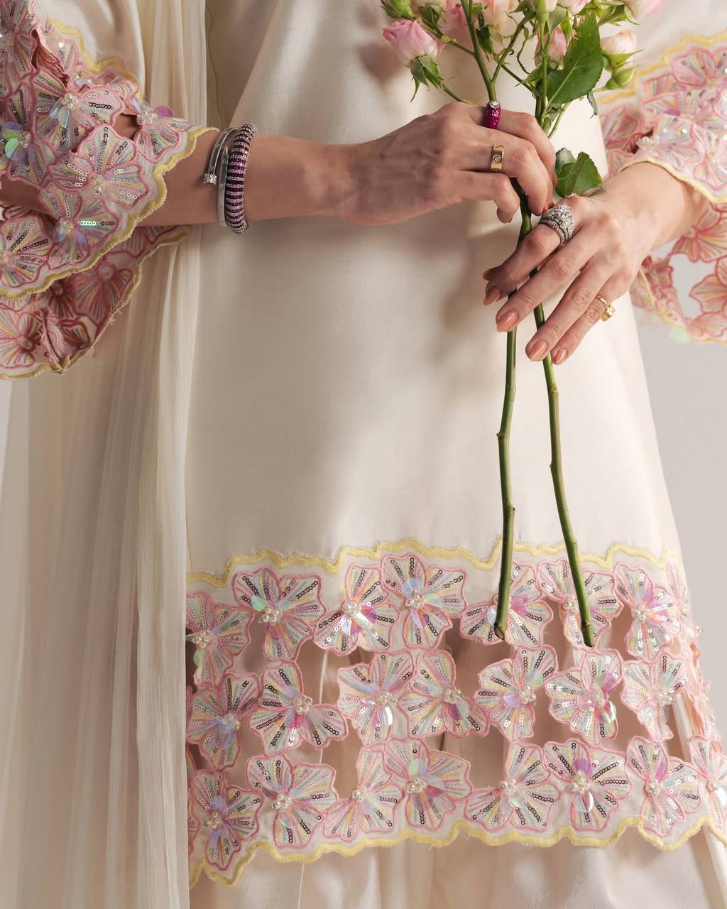 Elegant Off-White Silk Kurti With Pink Floral Embroidered Sleeves With White Salwar