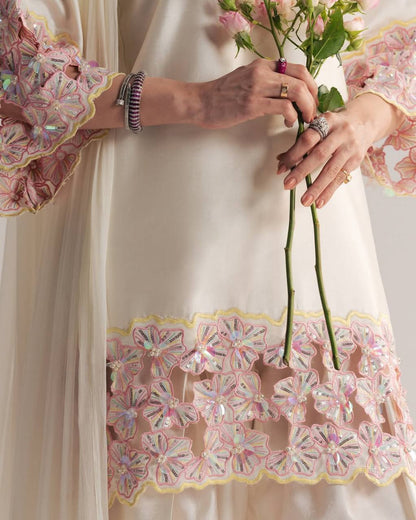 Elegant Off-White Silk Kurti With Pink Floral Embroidered Sleeves With White Salwar