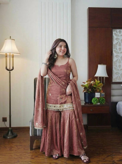 Dusty Pink Sharara Suit With Gold Embroidery And Real Mirror Work
