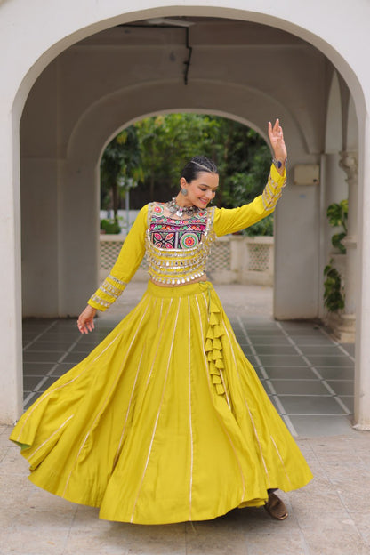 Designer Lehenga With Kutchi Gamthi Embroidered Blouse And Mirror Work