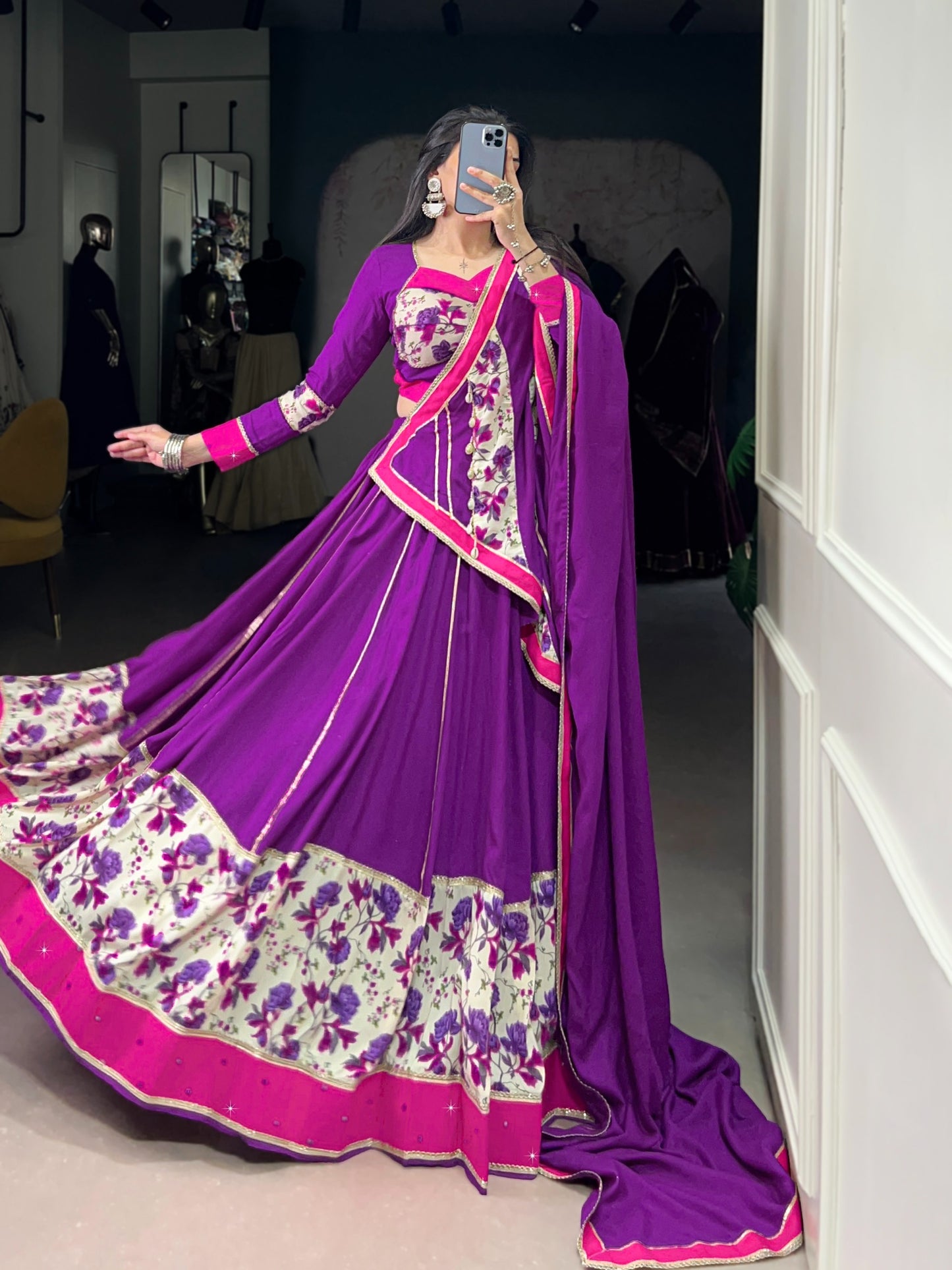 7 Meter Flair Purple Pink Floral Border Lehenga Choli With Printed Patchwork