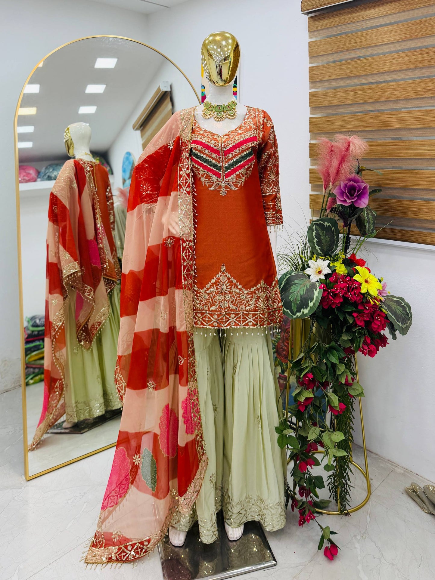 Embroidered Kurta Sharara Set With Printed Tassel Dupatta