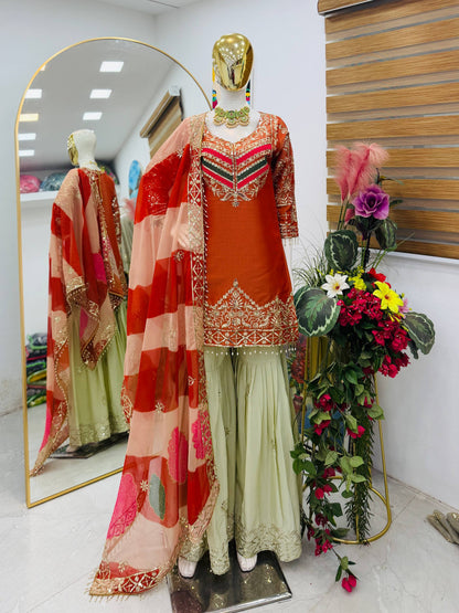 Embroidered Kurta Sharara Set With Printed Tassel Dupatta