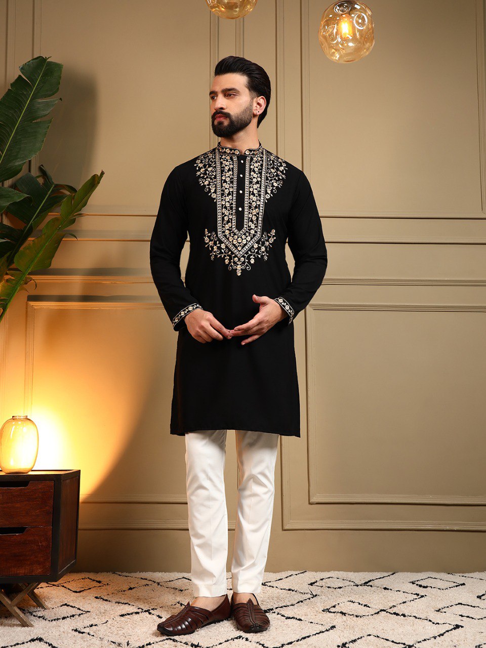 Classic Designer Embroidered Kurta Set For Men With White Pajama