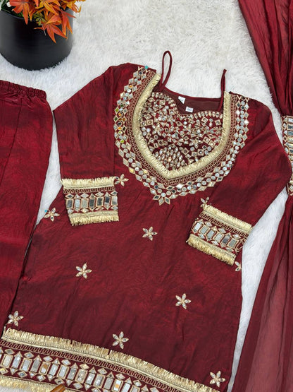 Maroon Silk Sharara Suit With Real Mirror Work And Gold Lace Work