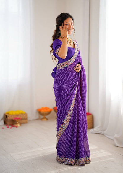 Purple Leheriya Saree with Multi-Colour Thread Embroidered Border And Blouse