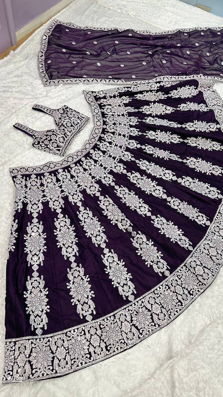 Dark Purple Embroidery Lehenga Choli With Dupatta