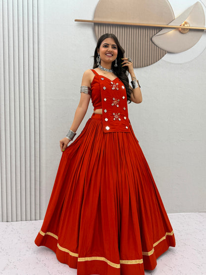 6 Meter Flair Orange Plain Lehenga Choli With Mirror Work Jacket