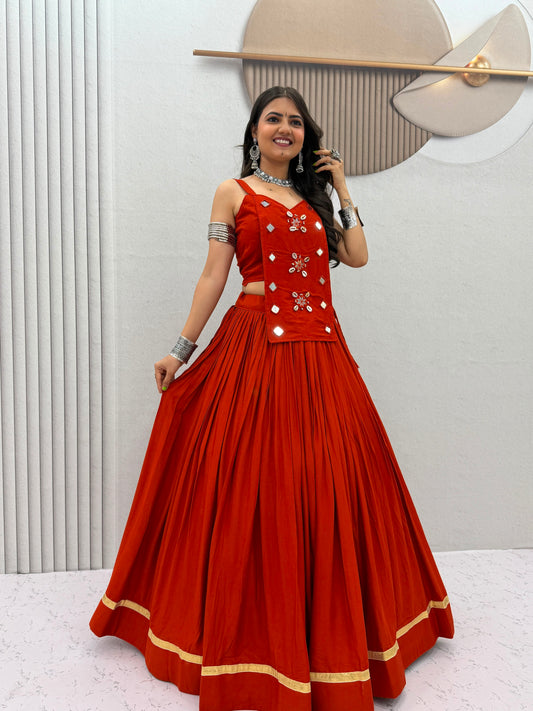 6 Meter Flair Orange Plain Lehenga Choli With Mirror Work Jacket