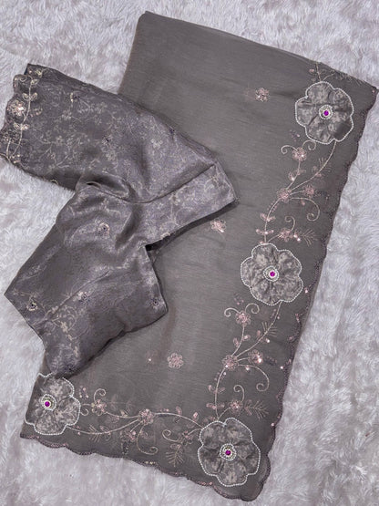 Designer Floral Border Saree With Brocade Un-Stitched Blouse