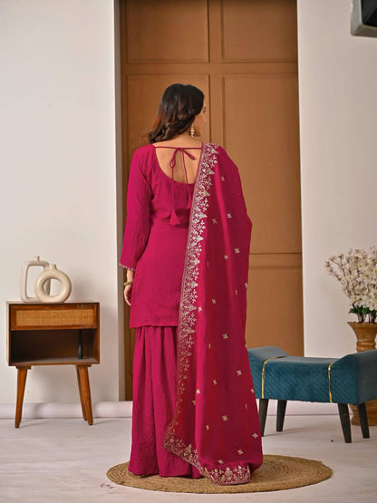 Rani Pink Zari And Sequins Embroidered Sharara Suit Set With Dupatta
