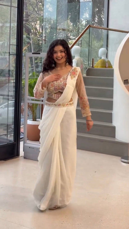 White Draped Ready-To-Wear Saree With Floral Embroidered Blouse