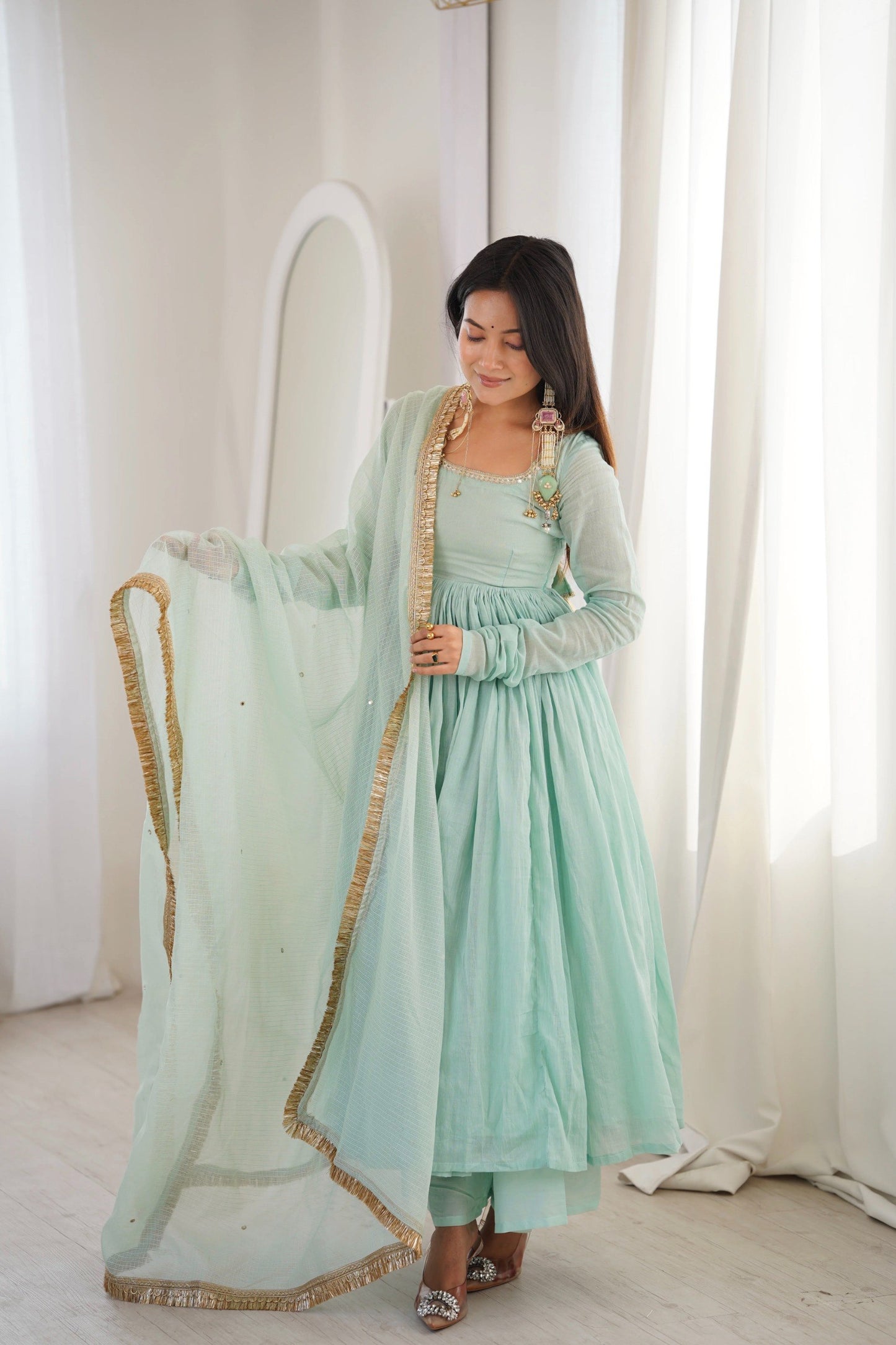 Mint Green Flared Anarkali Suit Set With Dupatta – Festive Ethnic Wear