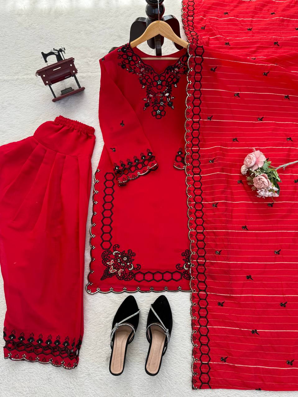 Red And White Cutwork Embroidered Straight Kurta Palazzo Set With Dupatta