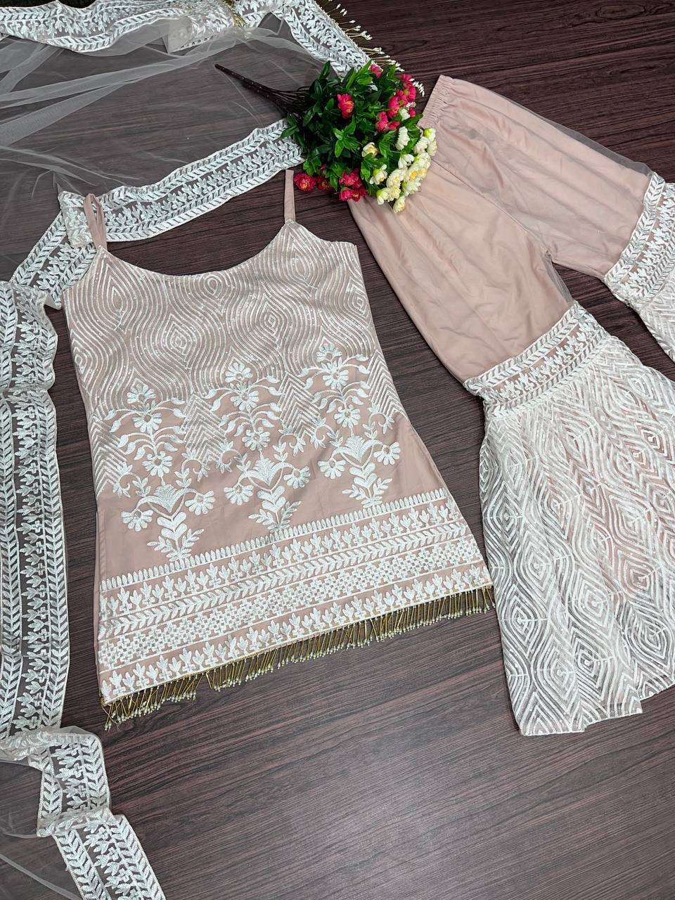Heavy Pearl And Sequins Embroidered Spaghetti Strap Sharara Set With Dupatta