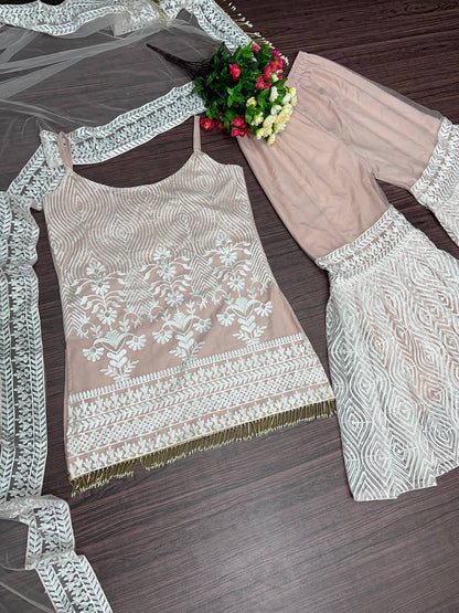 Heavy Pearl And Sequins Embroidered Spaghetti Strap Sharara Set With Dupatta