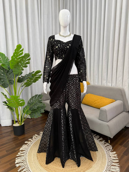 Black Sequined Sharara Suit With Dupatta