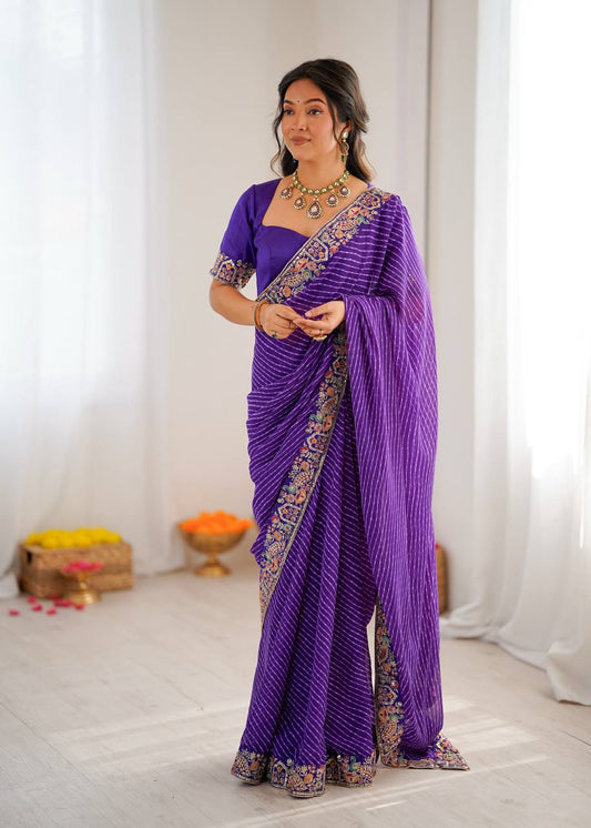 Purple Leheriya Saree with Multi-Colour Thread Embroidered Border And Blouse
