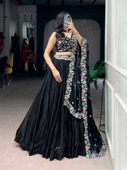 Black Embroidered Floral Lehenga Choli With Matching Dupatta