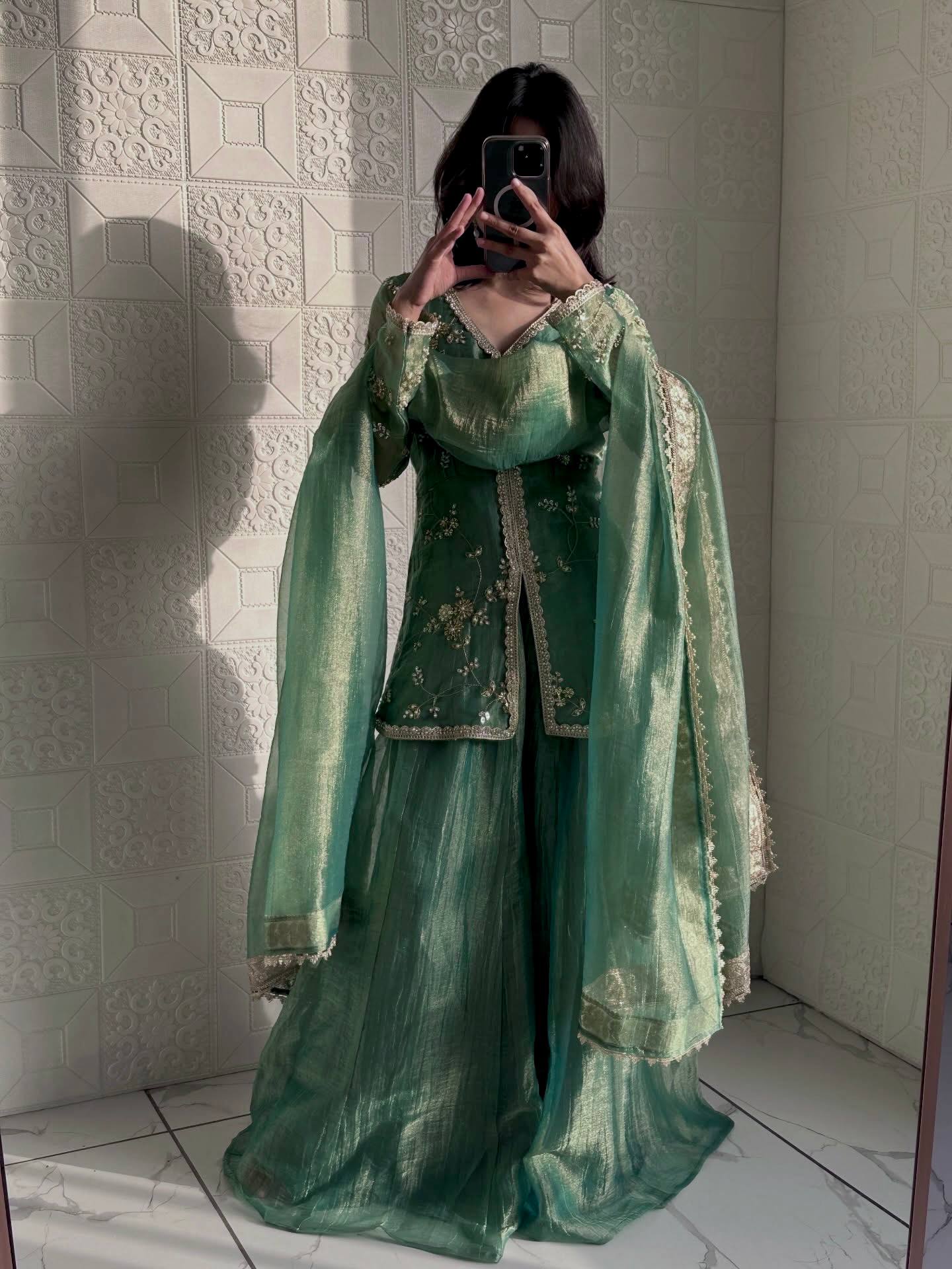 Elegant Green Sharara Suit With Gold Embroidery And Lace