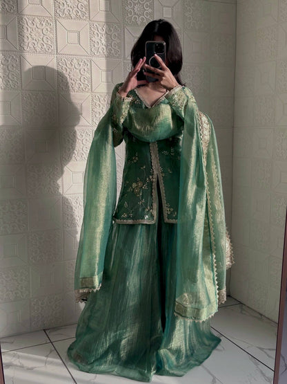 Elegant Green Sharara Suit With Gold Embroidery And Lace