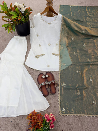Embroidered Sharara Set with Contrast Sequin Olive Green Dupatta