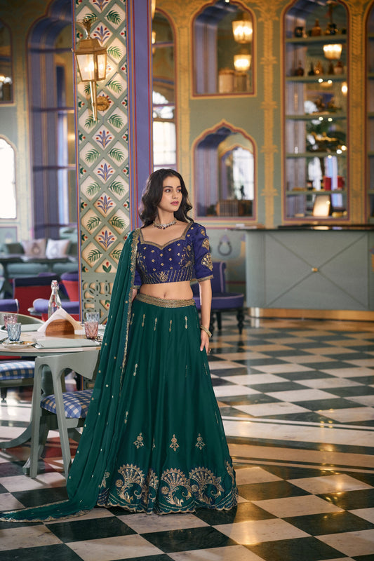 Bottle Green Embroidered Lehenga Choli with Contrast Blouse And Dupatta