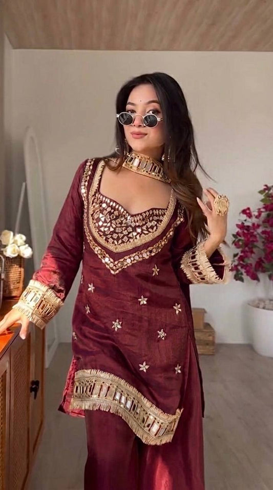 Maroon Silk Sharara Suit With Real Mirror Work And Gold Lace Work