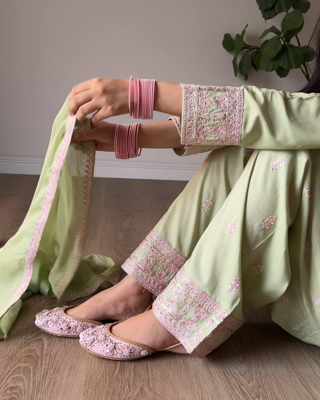 Pista Green Embroidered Farshi Salwar Suit Set With Dupatta