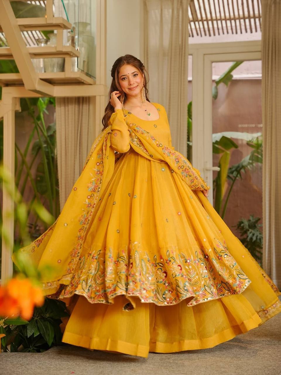 Yellow Embroidered Anarkali Suit With Floral Dupatta And Plazzo