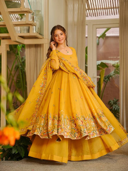 Yellow Embroidered Anarkali Suit With Floral Dupatta And Plazzo