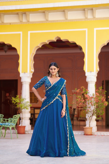 Zari Embroidered Pre-Draped Lehenga Choli Set With Attached Dupatta