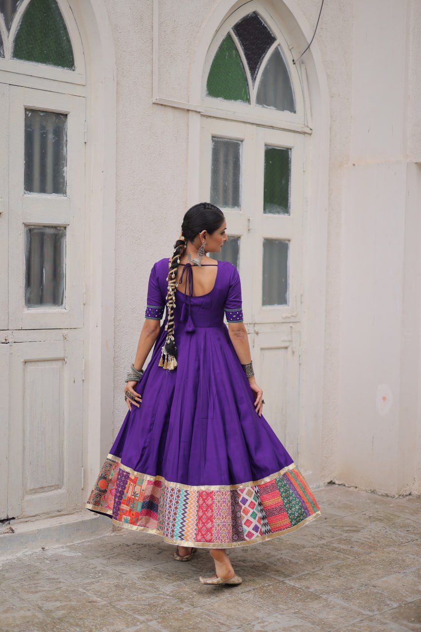 Gamthi Mirror Work Anarkali Gown With Multicolor Kutchi Patch Border