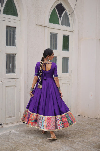 Gamthi Mirror Work Anarkali Gown With Multicolor Kutchi Patch Border