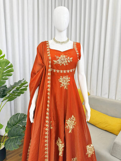 Floral Embroidered Sleeveless Anarkali Gown With Dupatta Set