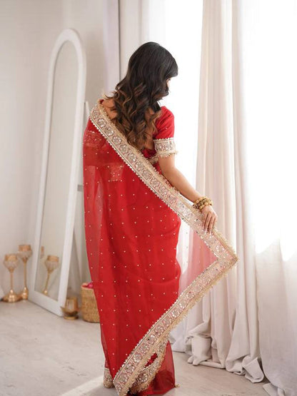 Red Fandy Satin Saree With Gold Embroidery And Mirror Work