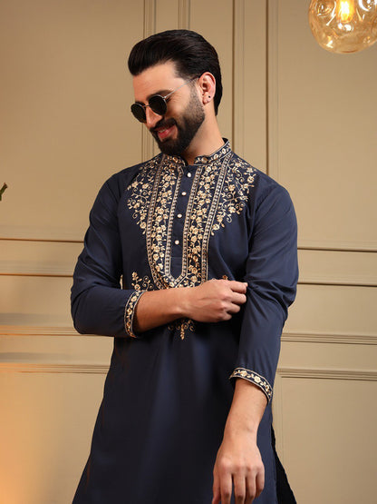 Classic Designer Embroidered Kurta Set For Men With White Pajama